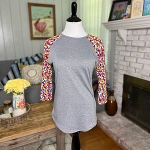 Lularoe Women's Randy Top shirt Size XS Gray Body Purple Orange
